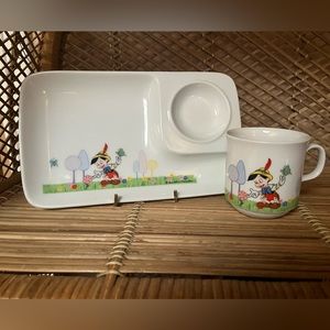 Vintage DD Pinocchio Ceramic Child’s Dish & Mug Set